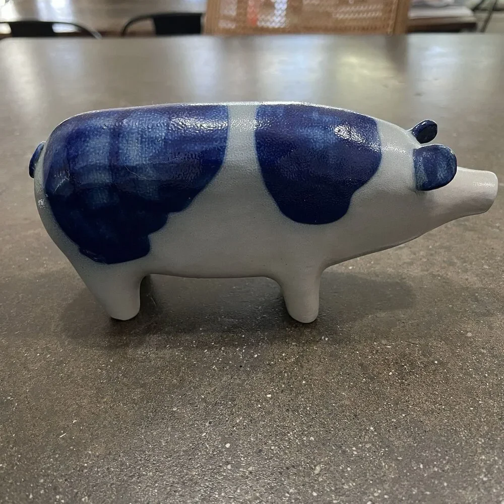 VTG Signed David ELDRETH SALT GLAZED Stonewear Pig COBALT BLUE ON GRAY - Picture 5 of 12
